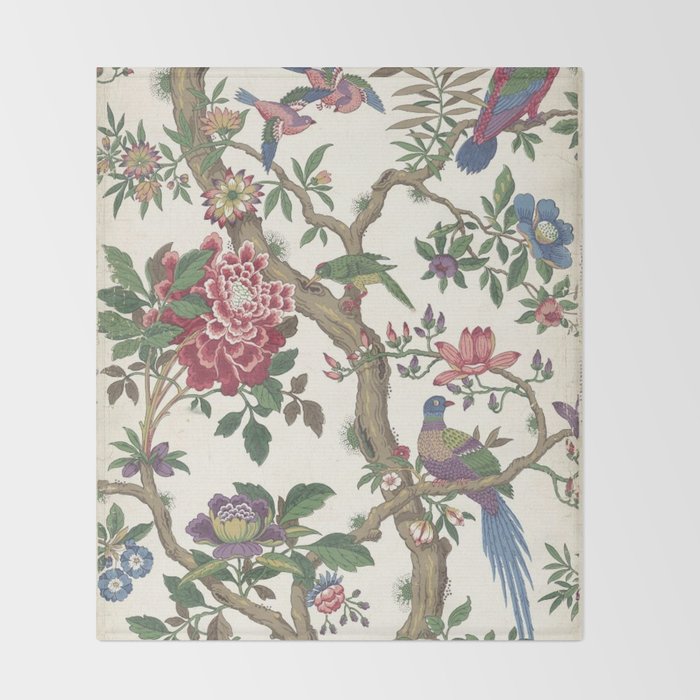 18th Century Chinoiserie Magpie Ivory Peony Garden Throw Blanket Gallery Image 2