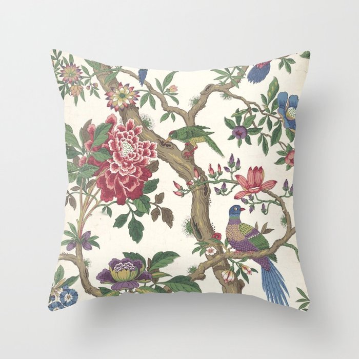 18th Century Chinoiserie Magpie Ivory Peony Garden Throw Pillow Gallery Image 1