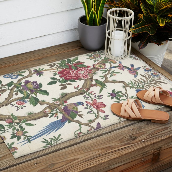 18th Century Chinoiserie Magpie Ivory Peony Garden Outdoor Rug Gallery Image 2