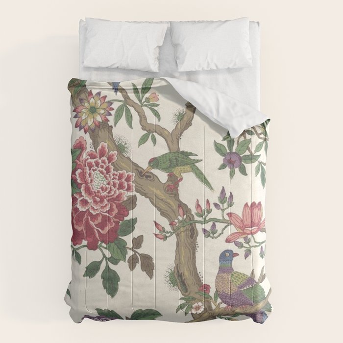 18th Century Chinoiserie Magpie Ivory Peony Garden Comforter Gallery Image 1