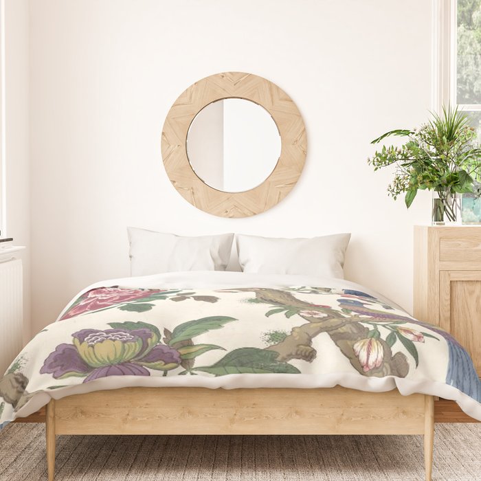 18th Century Chinoiserie Magpie Ivory Peony Garden Duvet Cover Gallery Image 3