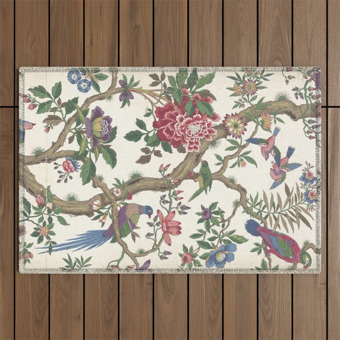 18th Century Chinoiserie Magpie Ivory Peony Garden Outdoor Rug Gallery Image 1