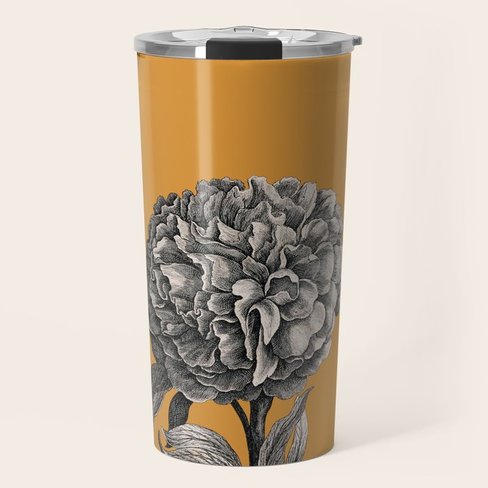 Peony Flower Vintage Modern Botanical Floral Illustration on Butterscotch  Travel Mug Gallery Image 1