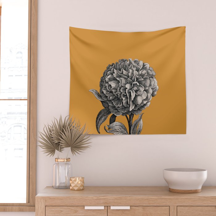Peony Flower Vintage Modern Botanical Floral Illustration on Butterscotch  Wall Tapestry Gallery Image 2