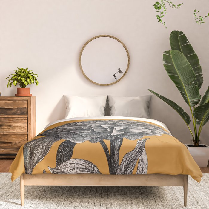 Peony Flower Vintage Modern Botanical Floral Illustration on Butterscotch  Comforter Gallery Image 3