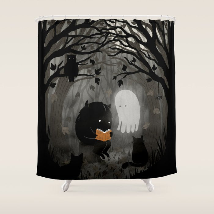 A Quiet Spooky Spot (Book Reading Monster) Shower Curtain Gallery Image 1