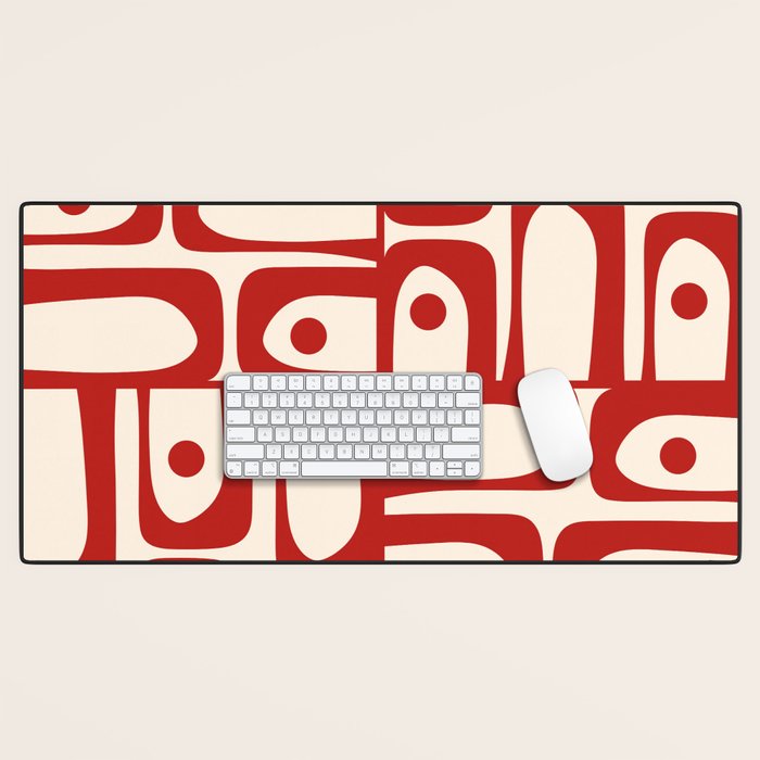 Mid Century Modern Piquet Abstract Multi Red and Cream Pattern Desk Mat Gallery Image 1