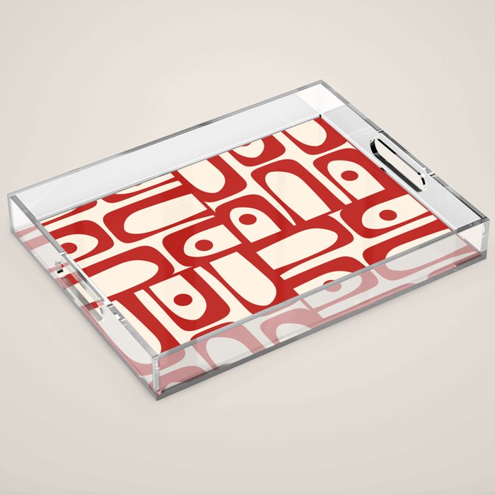 Mid Century Modern Piquet Abstract Multi Red and Cream Pattern Acrylic Tray Gallery Image 1