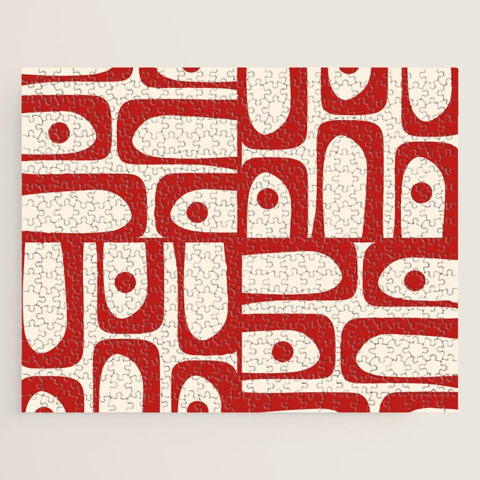 Mid Century Modern Piquet Abstract Multi Red and Cream Pattern Jigsaw Puzzle Gallery Image 1