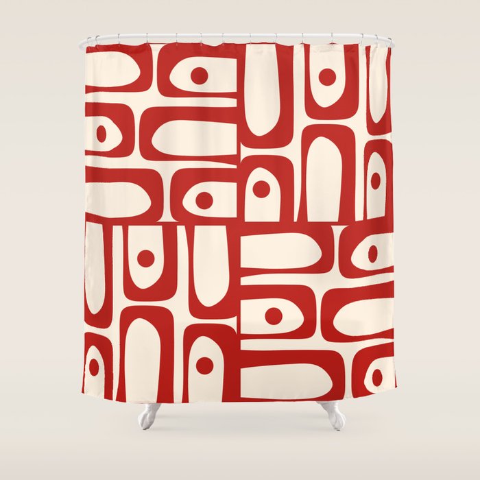 Mid Century Modern Piquet Abstract Multi Red and Cream Pattern Shower Curtain Gallery Image 1