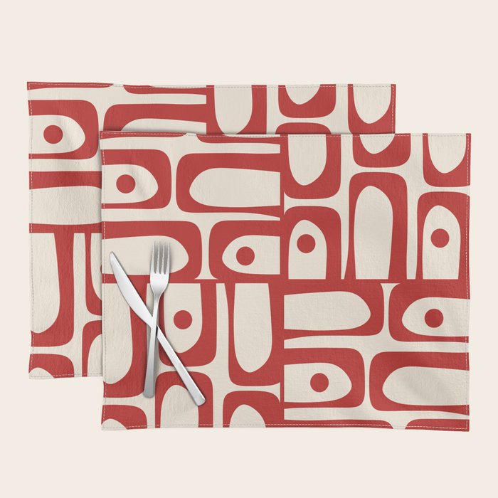 Mid Century Modern Piquet Abstract Multi Red and Cream Pattern Placemat Gallery Image 1