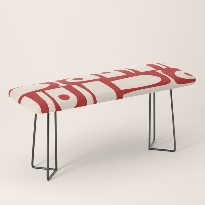 Mid Century Modern Piquet Abstract Multi Red and Cream Pattern Bench Gallery Image 1