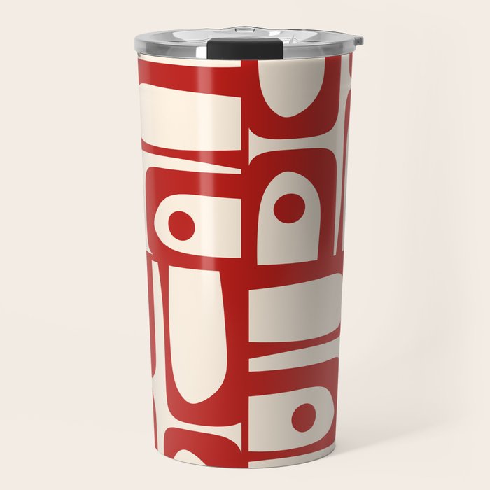 Mid Century Modern Piquet Abstract Multi Red and Cream Pattern Travel Mug Gallery Image 1