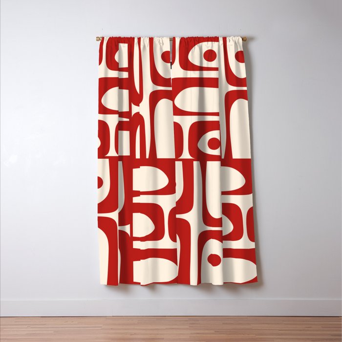 Mid Century Modern Piquet Abstract Multi Red and Cream Pattern Window Curtain Gallery Image 3