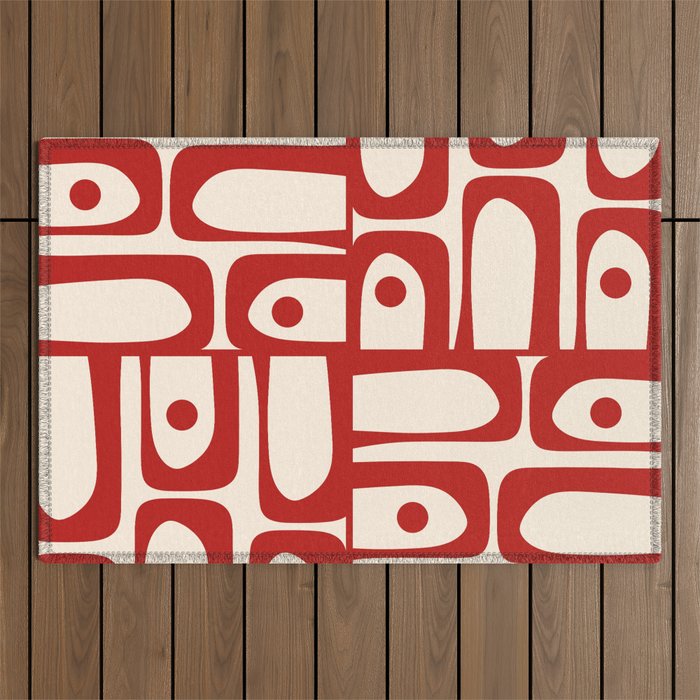 Mid Century Modern Piquet Abstract Multi Red and Cream Pattern Outdoor Rug Gallery Image 1