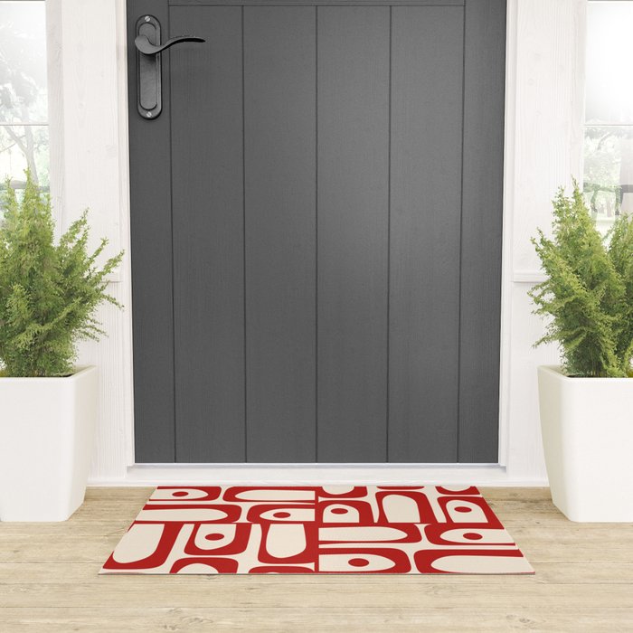 Mid Century Modern Piquet Abstract Multi Red and Cream Pattern Welcome Mat Gallery Image 3