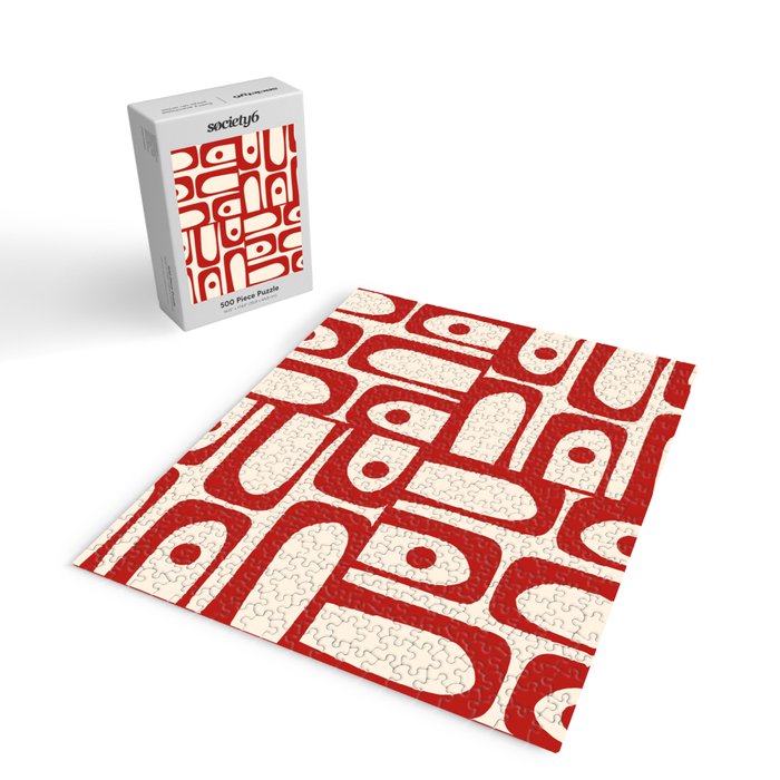 Mid Century Modern Piquet Abstract Multi Red and Cream Pattern Jigsaw Puzzle Gallery Image 2