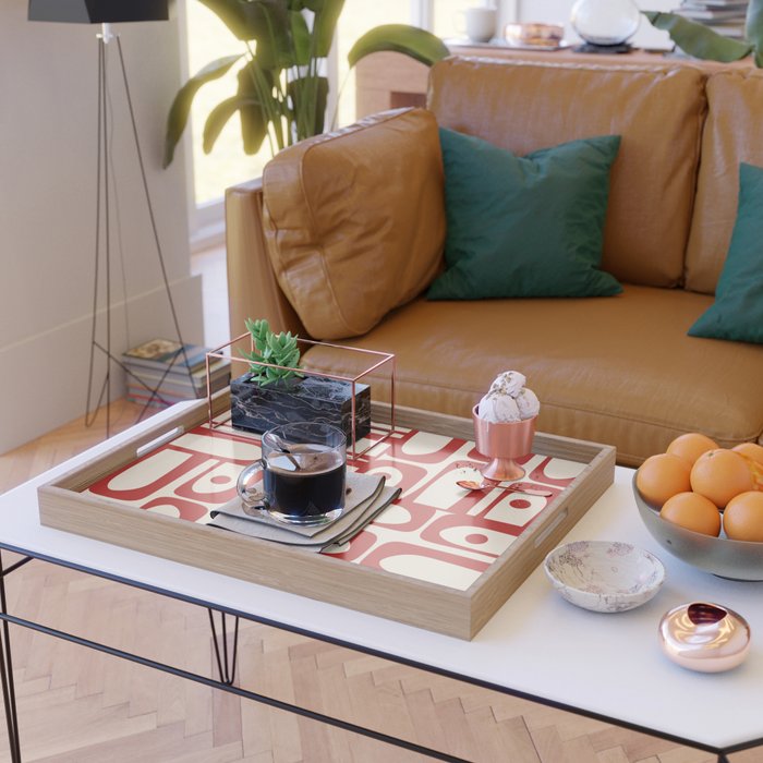 Mid Century Modern Piquet Abstract Multi Red and Cream Pattern Serving Tray Gallery Image 2