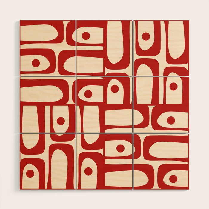 Mid Century Modern Piquet Abstract Multi Red and Cream Pattern Wood Wall Art Gallery Image 1