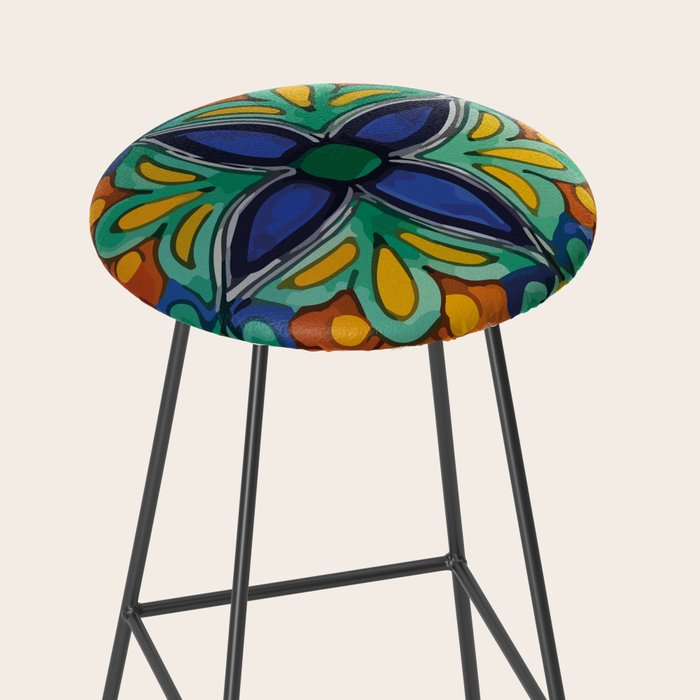 Maximalist leaves mexican flowers talavera pottery blue azulejo tile Stool Gallery Image 2