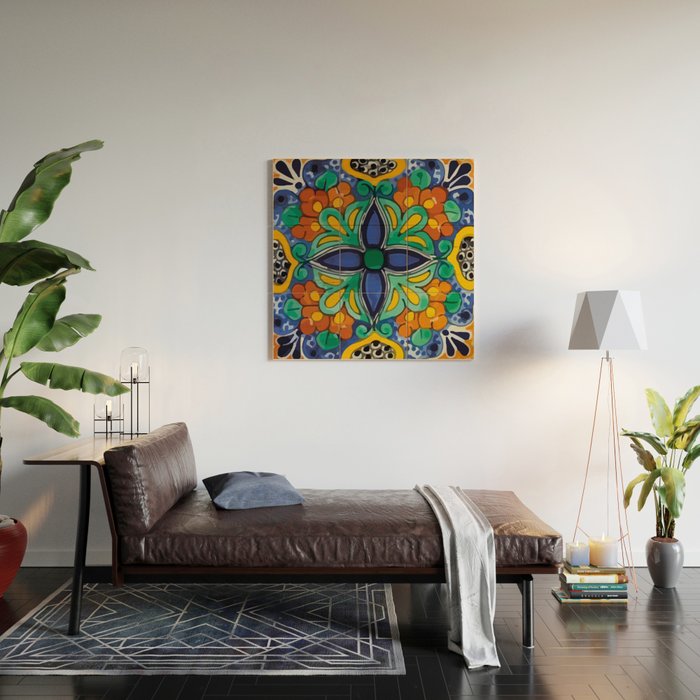 Maximalist leaves mexican flowers talavera pottery blue azulejo tile Wood Wall Art Gallery Image 2