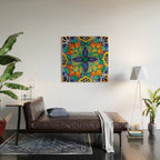 Maximalist leaves mexican flowers talavera pottery blue azulejo tile Wood Wall Art Gallery Image 2