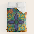 Maximalist leaves mexican flowers talavera pottery blue azulejo tile Comforter Gallery Image 6