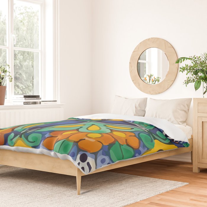 Maximalist leaves mexican flowers talavera pottery blue azulejo tile Duvet Cover Gallery Image 2