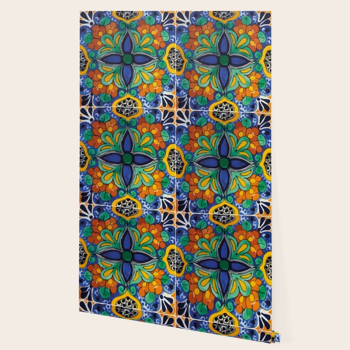 Maximalist leaves mexican flowers talavera pottery blue azulejo tile Wallpaper Gallery Image 2