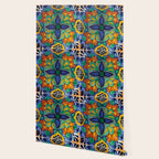 Maximalist leaves mexican flowers talavera pottery blue azulejo tile Wallpaper Gallery Image 2