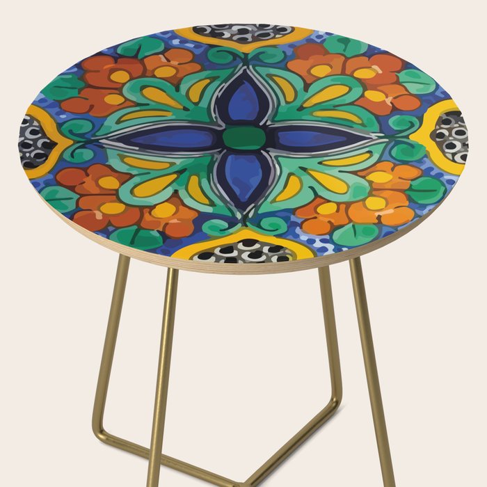 Maximalist leaves mexican flowers talavera pottery blue azulejo tile Side Table Gallery Image 2
