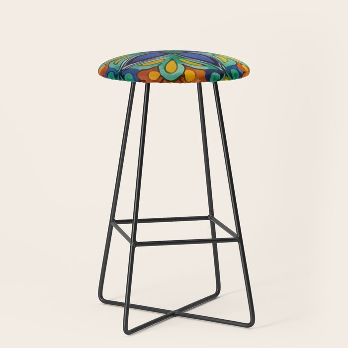 Maximalist leaves mexican flowers talavera pottery blue azulejo tile Stool Gallery Image 1