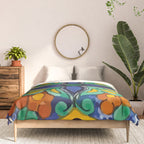 Maximalist leaves mexican flowers talavera pottery blue azulejo tile Comforter Gallery Image 3