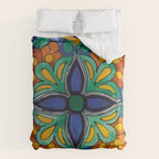 Maximalist leaves mexican flowers talavera pottery blue azulejo tile Duvet Cover Gallery Image 6