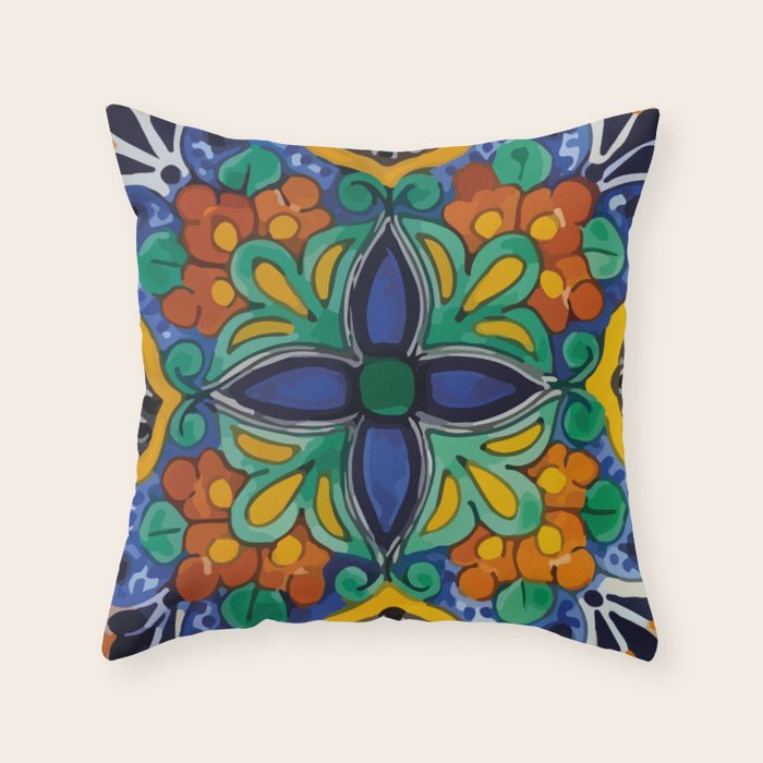Maximalist leaves mexican flowers talavera pottery blue azulejo tile Throw Pillow Gallery Image 1