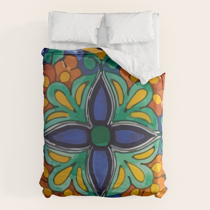 Maximalist leaves mexican flowers talavera pottery blue azulejo tile Duvet Cover Gallery Image 1