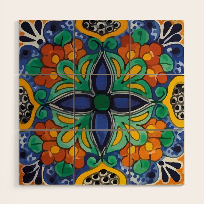 Maximalist leaves mexican flowers talavera pottery blue azulejo tile Wood Wall Art Gallery Image 1