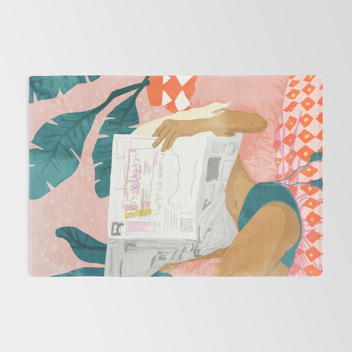 Modern Bohemian Morning Newspaper | Tropical Banana Leaves Palm Watercolor | Boho Woman & Decor Rug Gallery Image 2