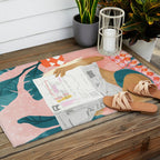 Modern Bohemian Morning Newspaper | Tropical Banana Leaves Palm Watercolor | Boho Woman & Decor Outdoor Rug Gallery Image 2