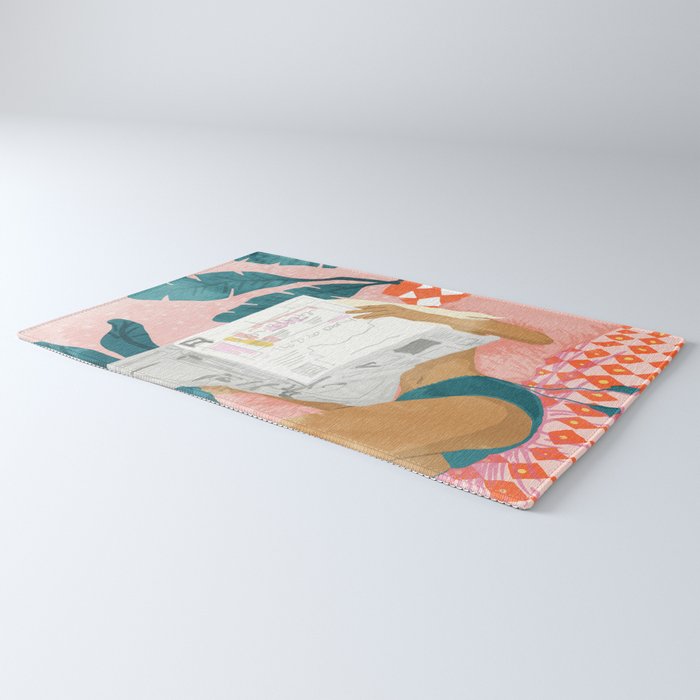 Modern Bohemian Morning Newspaper | Tropical Banana Leaves Palm Watercolor | Boho Woman & Decor Rug Gallery Image 3