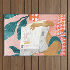 Modern Bohemian Morning Newspaper | Tropical Banana Leaves Palm Watercolor | Boho Woman & Decor Outdoor Rug Gallery Image 1