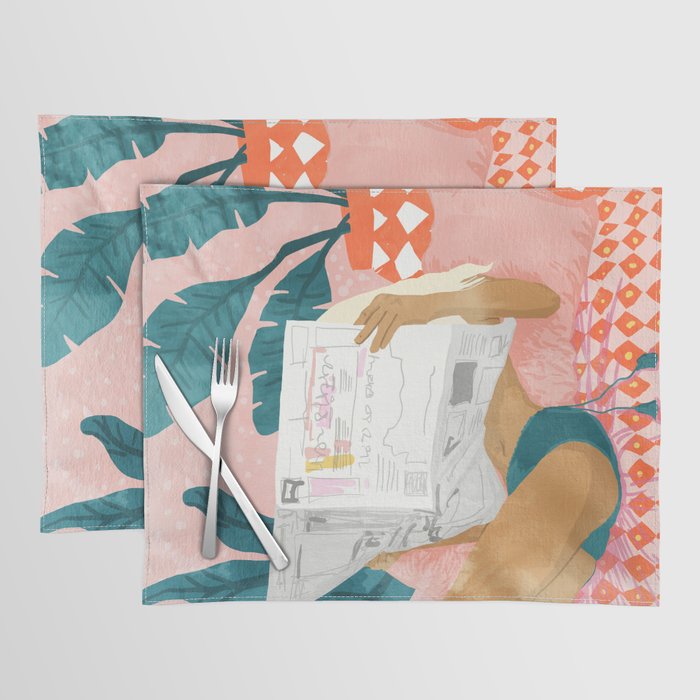 Modern Bohemian Morning Newspaper | Tropical Banana Leaves Palm Watercolor | Boho Woman & Decor Placemat Gallery Image 1