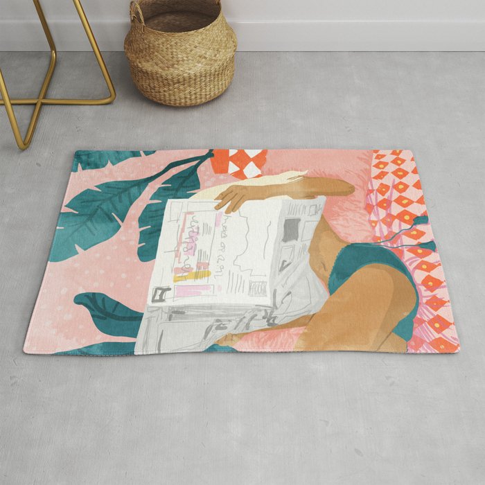 Modern Bohemian Morning Newspaper | Tropical Banana Leaves Palm Watercolor | Boho Woman & Decor Rug Gallery Image 1