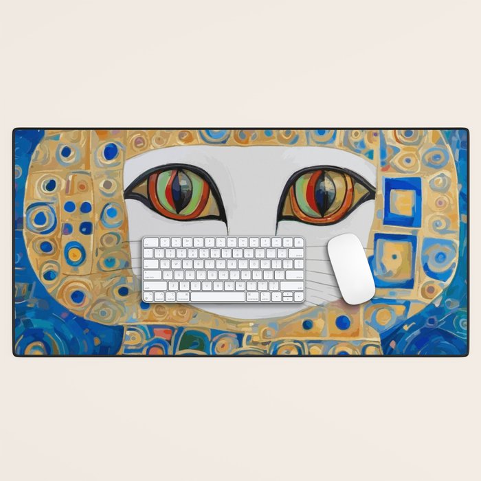Klimt Space Cat in Blue and Gold Desk Mat Gallery Image 1