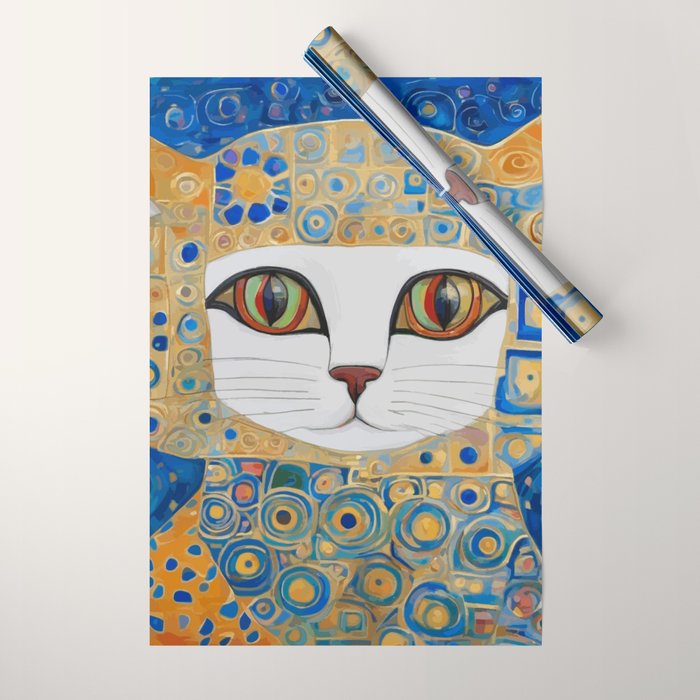 Klimt Space Cat in Blue and Gold Wrapping Paper Gallery Image 1