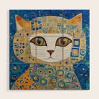 Klimt Space Cat in Blue and Gold Wood Wall Art Gallery Image 1