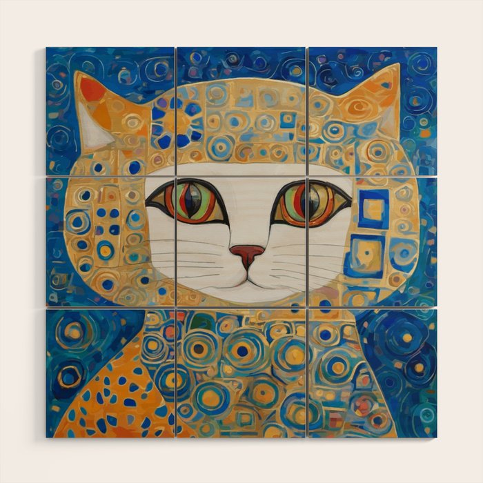 Klimt Space Cat in Blue and Gold Wood Wall Art Gallery Image 1