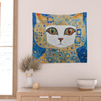 Klimt Space Cat in Blue and Gold Wall Tapestry Gallery Image 2