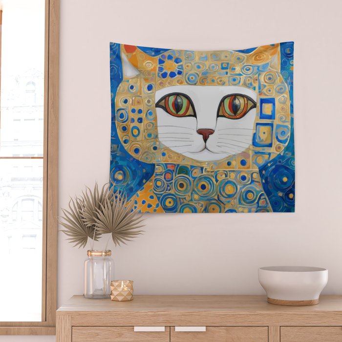 Klimt Space Cat in Blue and Gold Wall Tapestry Gallery Image 2