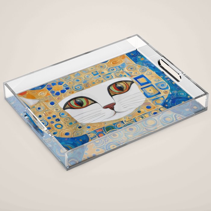 Klimt Space Cat in Blue and Gold Acrylic Tray Gallery Image 1